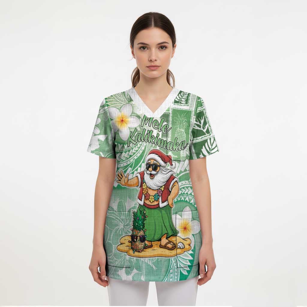 Hawaii Mele Kalikimaka Scrub Top Hula Santa Retro Style Green - Polynesian Pride