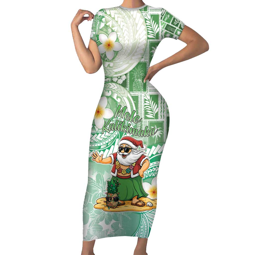 Hawaii Mele Kalikimaka Short Sleeve Bodycon Dress Hula Santa Retro Style Green - Polynesian Pride