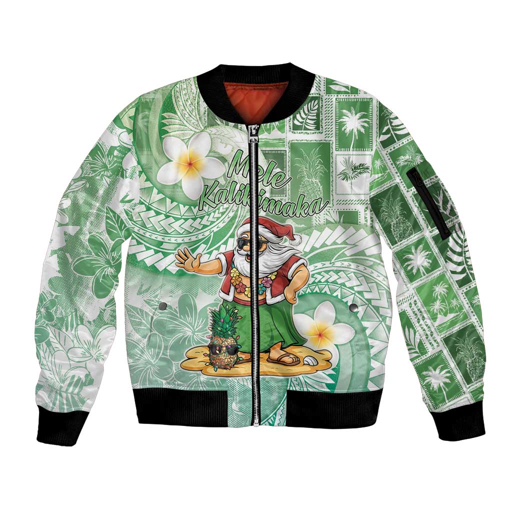 Hawaii Mele Kalikimaka Sleeve Zip Bomber Jacket Hula Santa Retro Style Green - Polynesian Pride