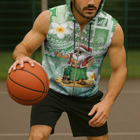Hawaii Mele Kalikimaka Sleeveless Zip Hoodie Hula Santa Retro Style Green - Polynesian Pride