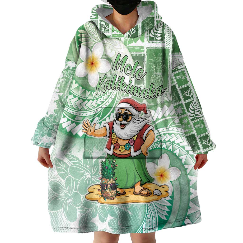 Hawaii Mele Kalikimaka Wearable Blanket Hoodie Hula Santa Retro Style Green - Polynesian Pride