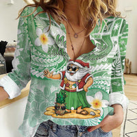 Hawaii Mele Kalikimaka Women Casual Shirt Hula Santa Retro Style Green - Polynesian Pride
