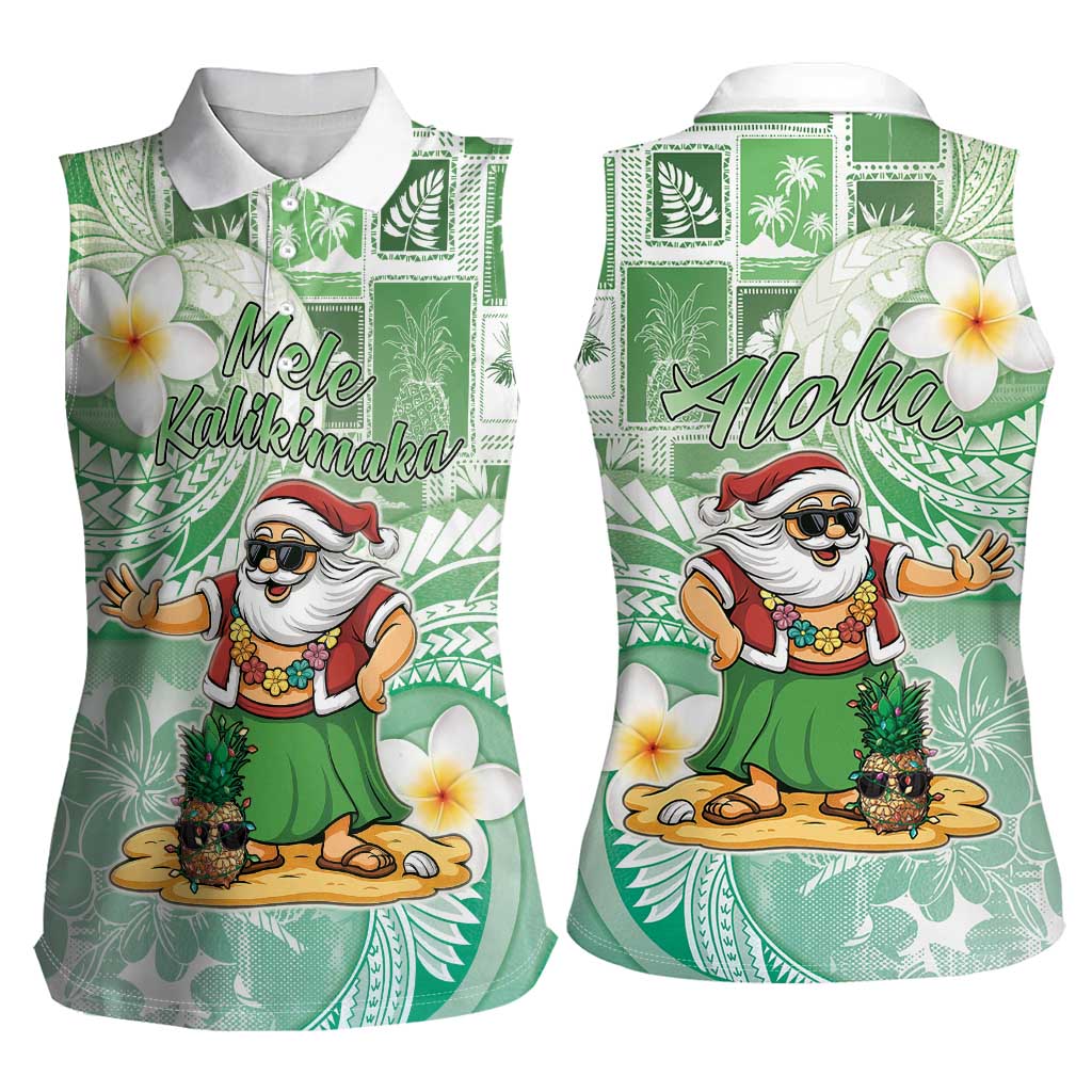 Hawaii Mele Kalikimaka Women Sleeveless Polo Shirt Hula Santa Retro Style Green - Polynesian Pride