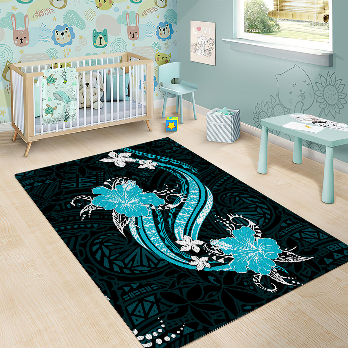 Aqua Polynesian Pattern With Tropical Flowers Area Rug LT05 - Polynesian Pride