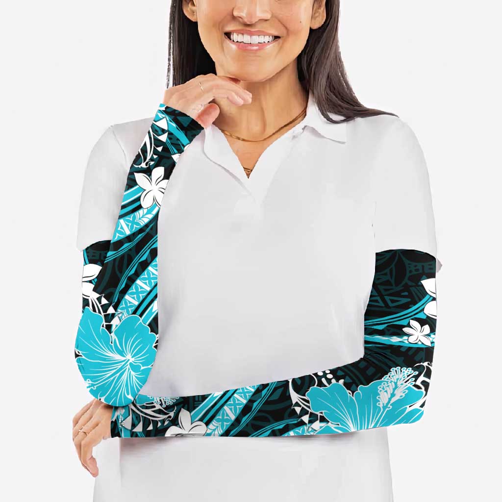 Aqua Polynesian Pattern With Tropical Flowers Arm Sleeves LT05 - Polynesian Pride