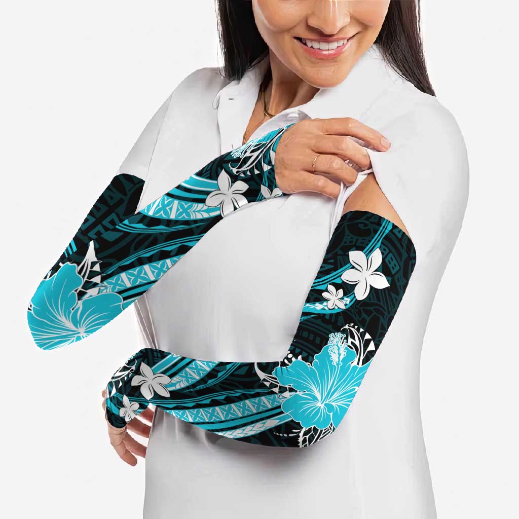 Aqua Polynesian Pattern With Tropical Flowers Arm Sleeves LT05 - Polynesian Pride