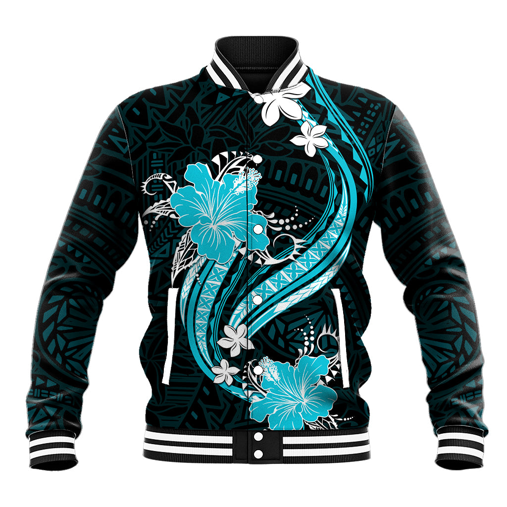 Aqua Polynesian Pattern With Tropical Flowers Baseball Jacket LT05 Unisex Aqua - Polynesian Pride