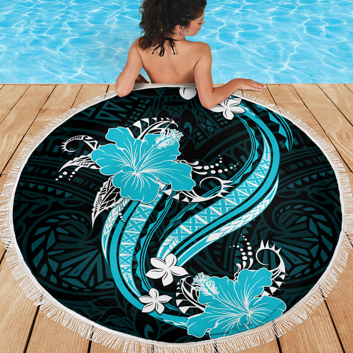 Aqua Polynesian Pattern With Tropical Flowers Beach Blanket LT05 - Polynesian Pride