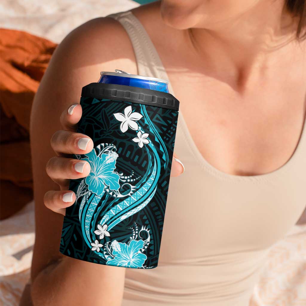 Aqua Polynesian Pattern With Tropical Flowers 4 in 1 Can Cooler Tumbler
