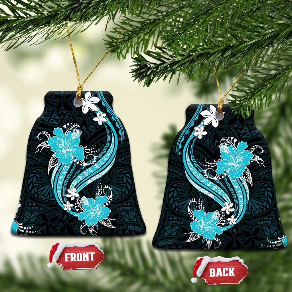 Aqua Polynesian Pattern With Tropical Flowers Ceramic Ornament LT05 Bell Flake Aqua - Polynesian Pride