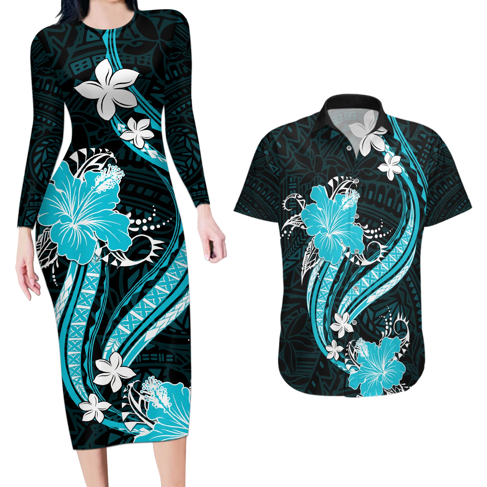 Aqua Polynesian Pattern With Tropical Flowers Couples Matching Long Sleeve Bodycon Dress and Hawaiian Shirt LT05 Aqua - Polynesian Pride