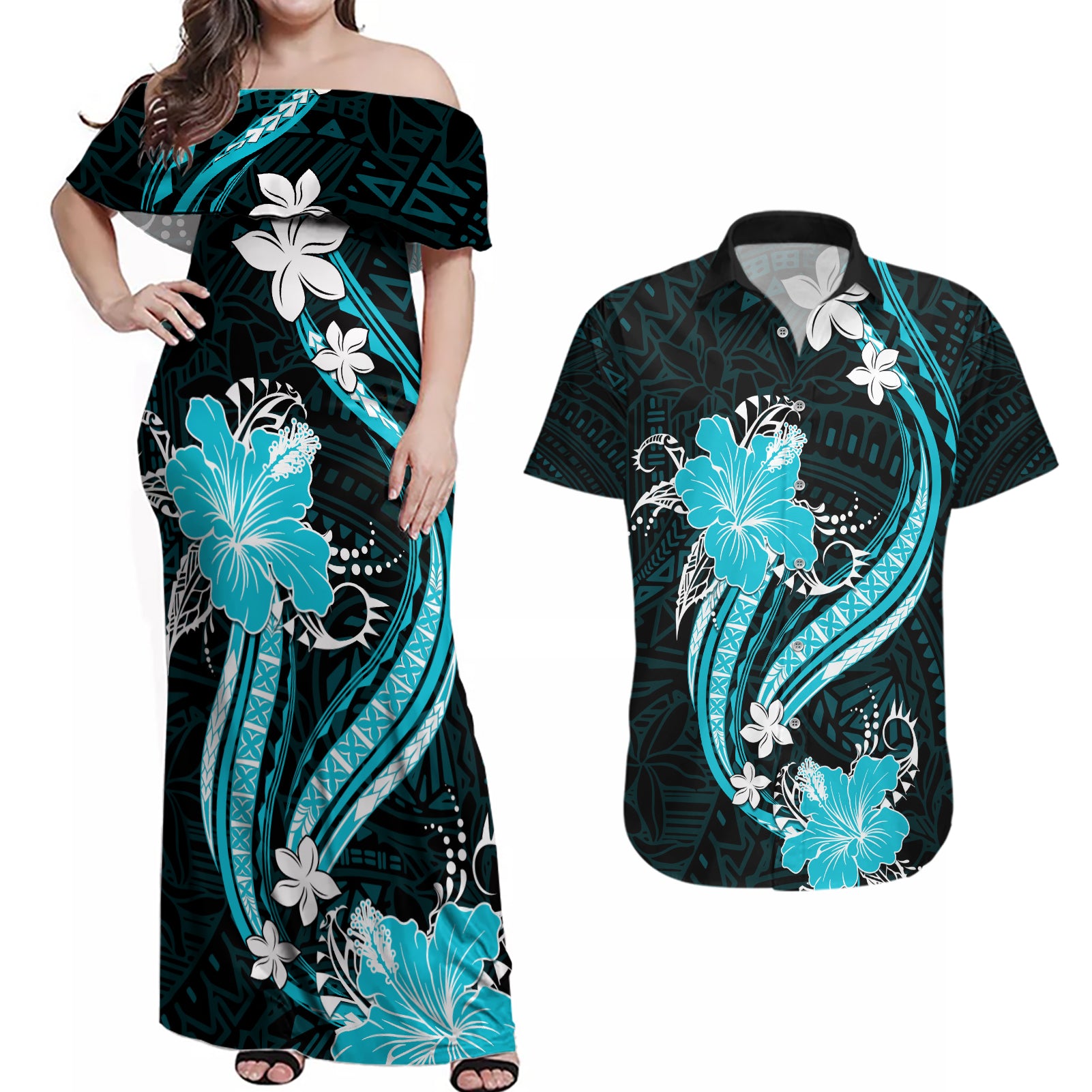 Aqua Polynesian Pattern With Tropical Flowers Couples Matching Off Shoulder Maxi Dress and Hawaiian Shirt LT05 Aqua - Polynesian Pride