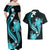 Aqua Polynesian Pattern With Tropical Flowers Couples Matching Off Shoulder Maxi Dress and Hawaiian Shirt LT05 - Polynesian Pride