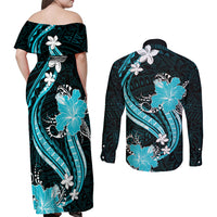 Aqua Polynesian Pattern With Tropical Flowers Couples Matching Off Shoulder Maxi Dress and Long Sleeve Button Shirt LT05 - Polynesian Pride