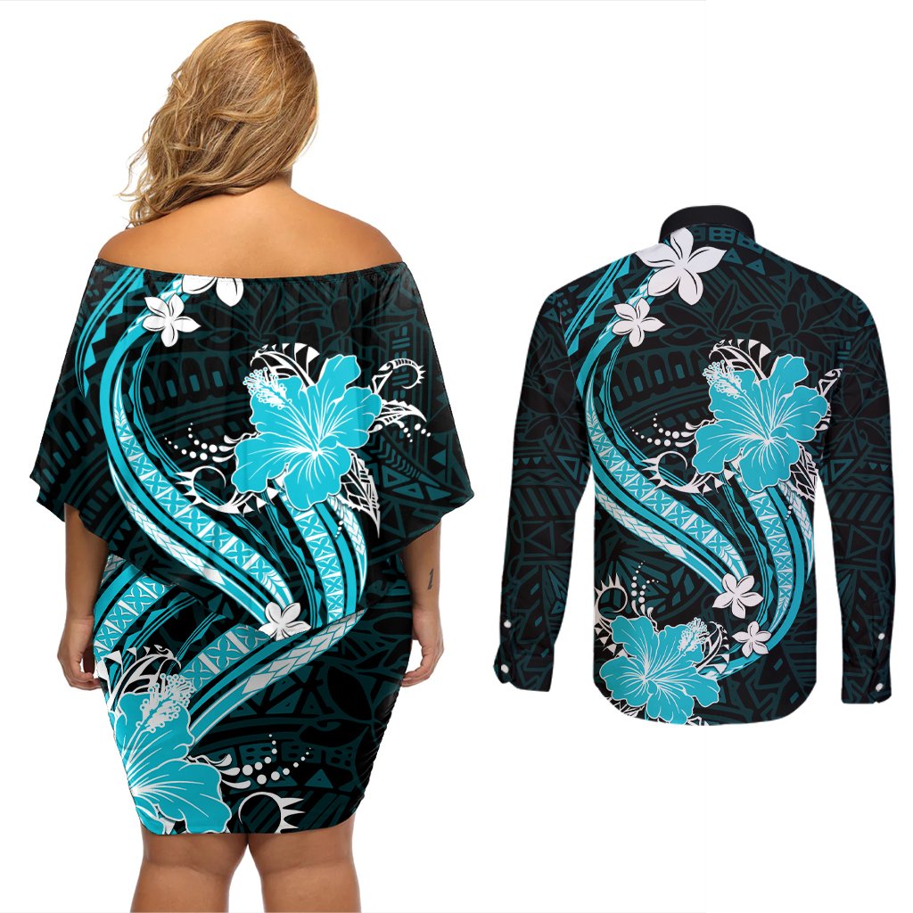 Aqua Polynesian Pattern With Tropical Flowers Couples Matching Off Shoulder Short Dress and Long Sleeve Button Shirt LT05 - Polynesian Pride
