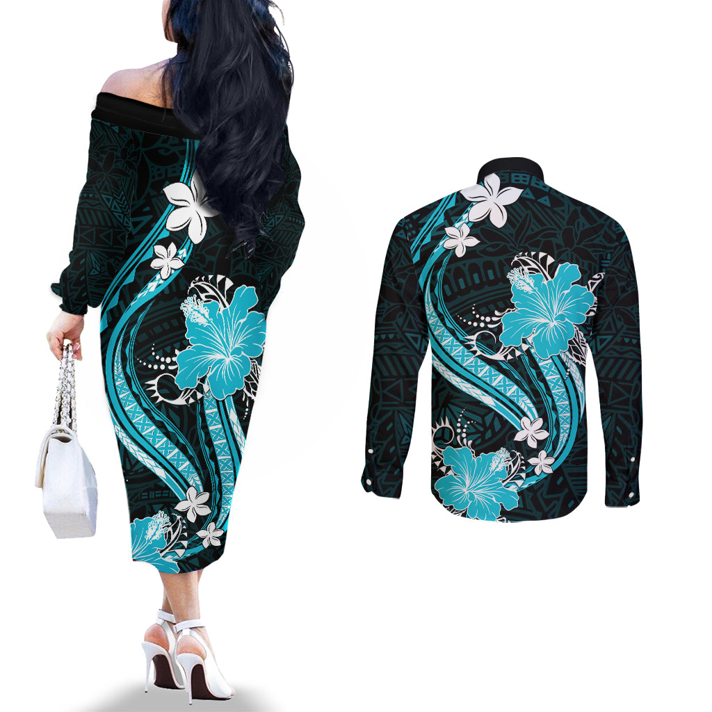 Aqua Polynesian Pattern With Tropical Flowers Couples Matching Off The Shoulder Long Sleeve Dress and Long Sleeve Button Shirt LT05 - Polynesian Pride
