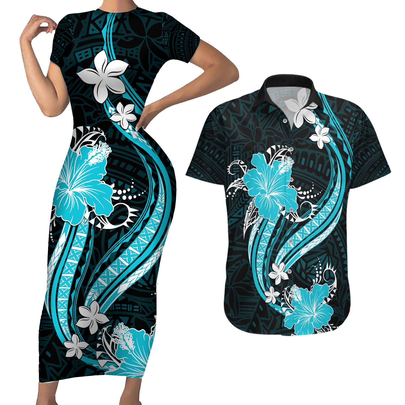 Aqua Polynesian Pattern With Tropical Flowers Couples Matching Short Sleeve Bodycon Dress and Hawaiian Shirt LT05 Aqua - Polynesian Pride