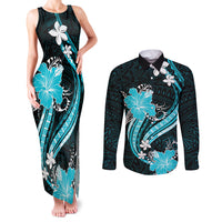 Aqua Polynesian Pattern With Tropical Flowers Couples Matching Tank Maxi Dress and Long Sleeve Button Shirt LT05 Aqua - Polynesian Pride
