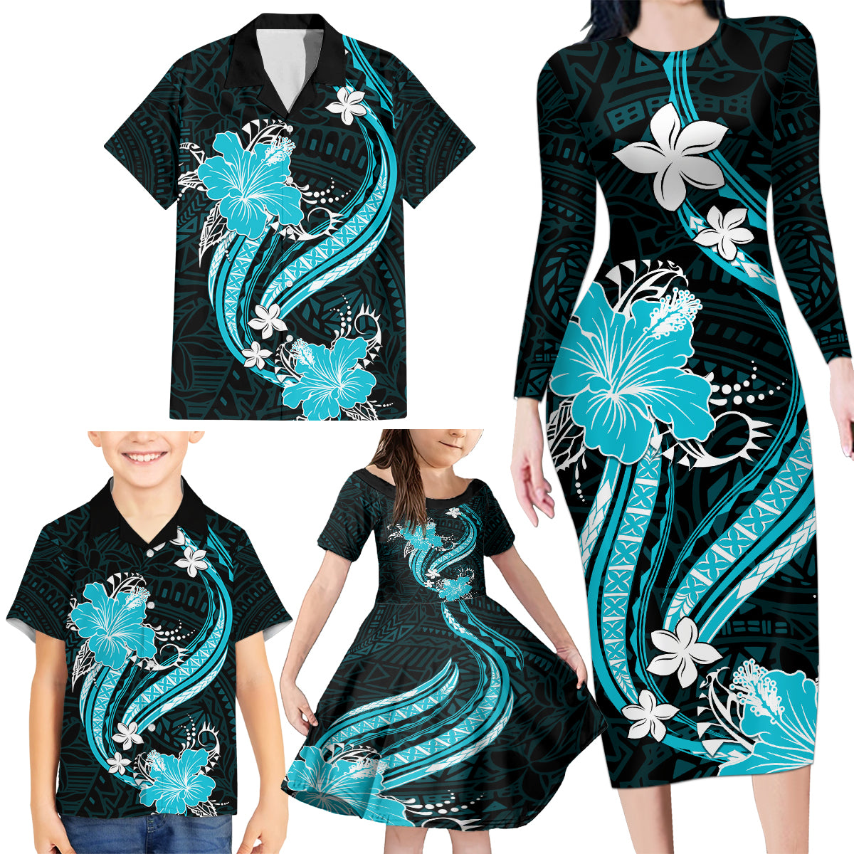 Aqua Polynesian Pattern With Tropical Flowers Family Matching Long Sleeve Bodycon Dress and Hawaiian Shirt LT05 - Polynesian Pride