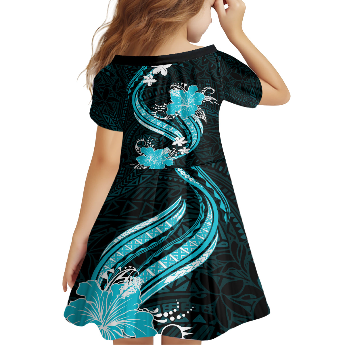 Aqua Polynesian Pattern With Tropical Flowers Family Matching Off Shoulder Long Sleeve Dress and Hawaiian Shirt LT05 - Polynesian Pride