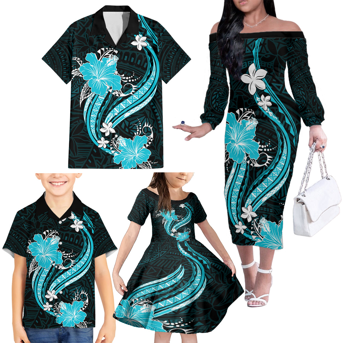 Aqua Polynesian Pattern With Tropical Flowers Family Matching Off Shoulder Long Sleeve Dress and Hawaiian Shirt LT05 - Polynesian Pride