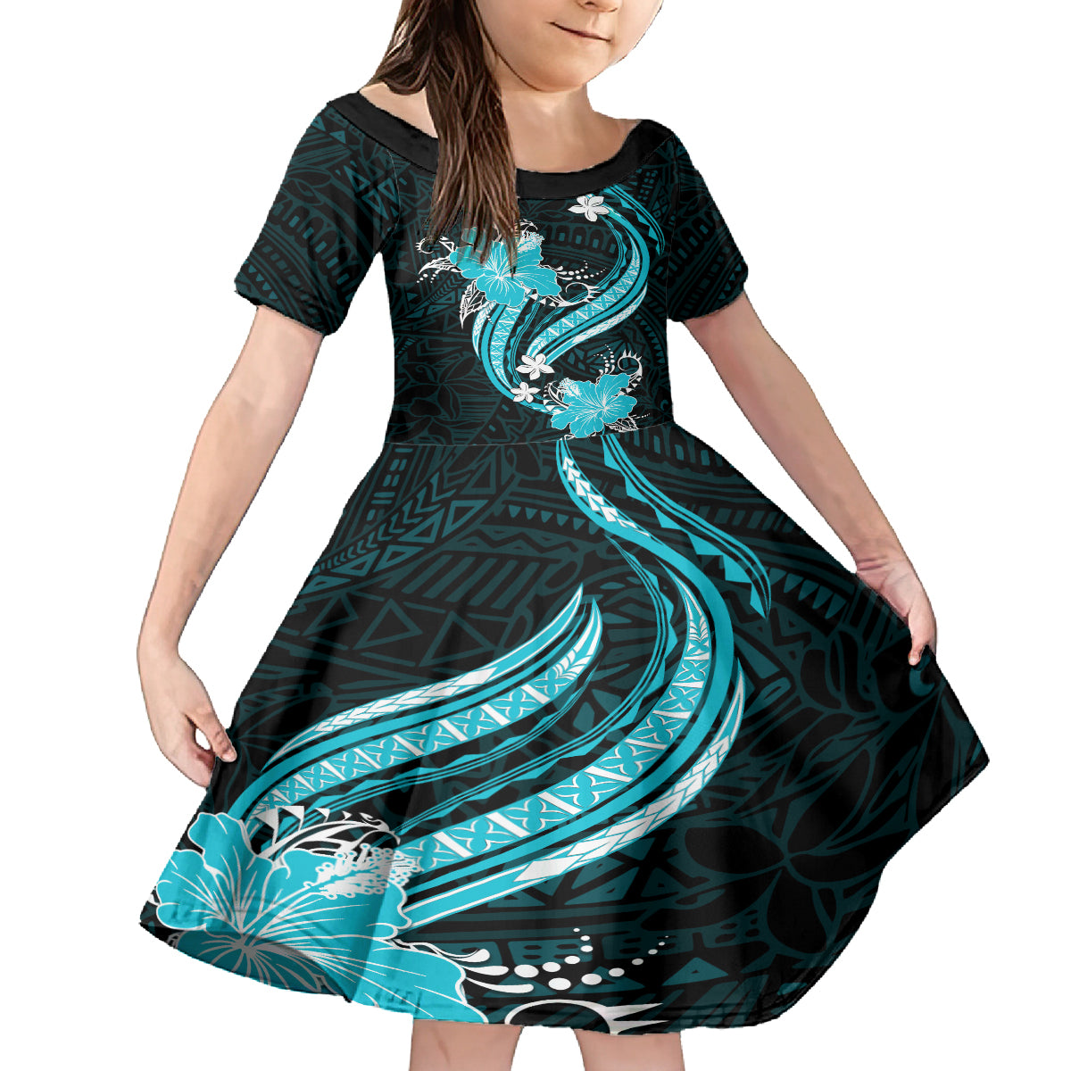 Aqua Polynesian Pattern With Tropical Flowers Family Matching Off Shoulder Short Dress and Hawaiian Shirt LT05 Daughter's Dress Aqua - Polynesian Pride