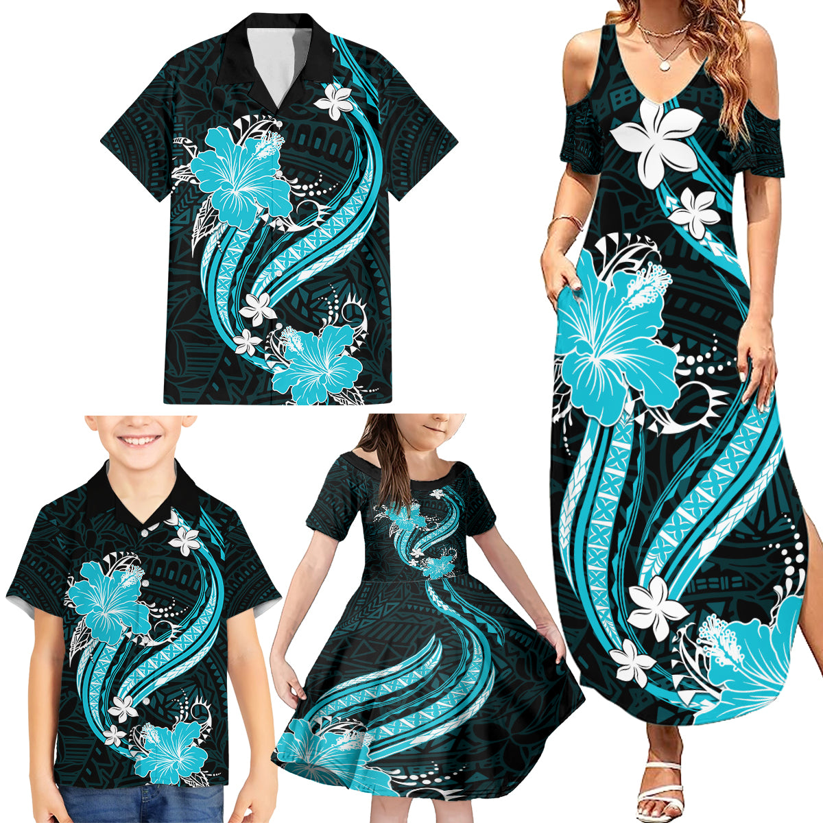 Aqua Polynesian Pattern With Tropical Flowers Family Matching Summer Maxi Dress and Hawaiian Shirt LT05 - Polynesian Pride