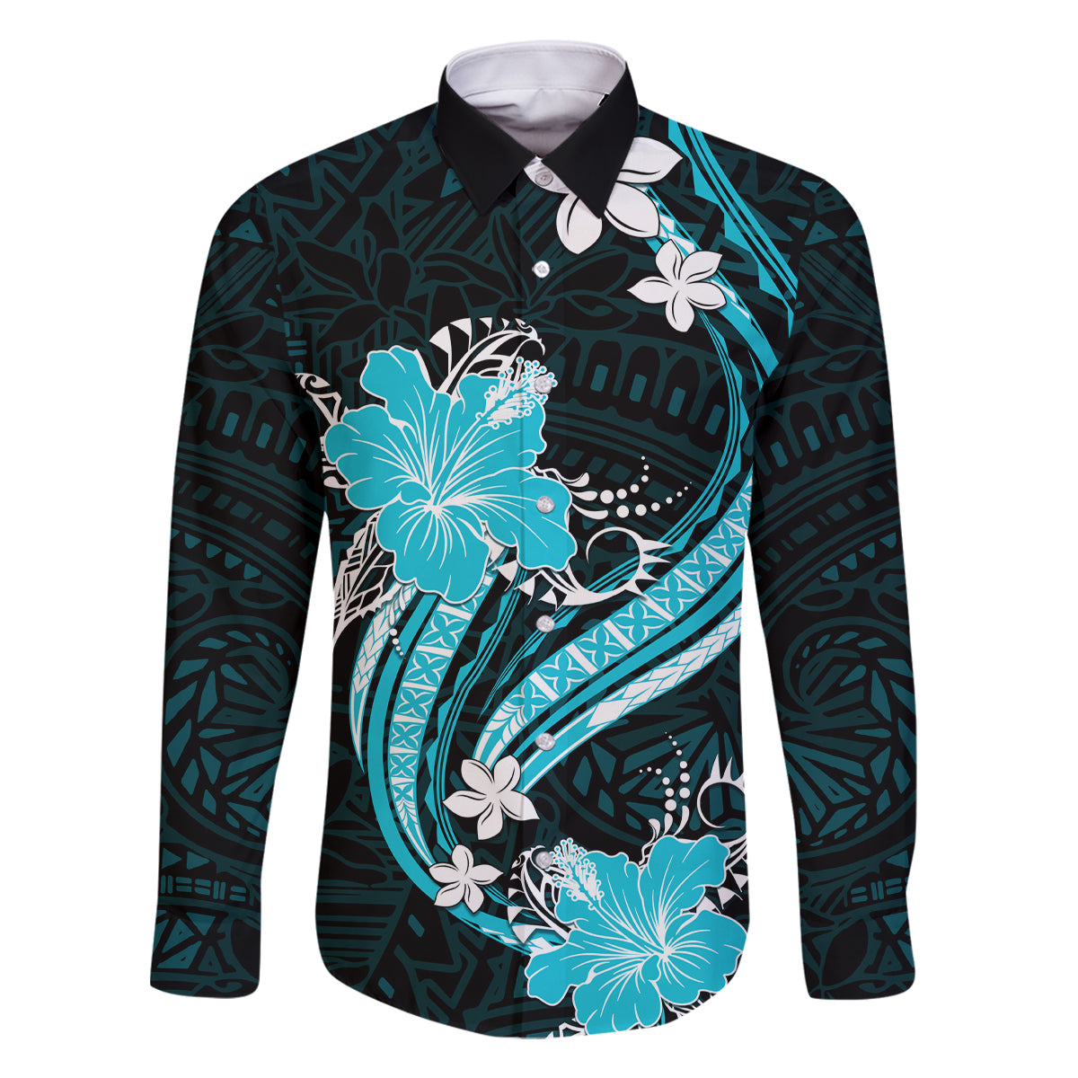 Aqua Polynesian Pattern With Tropical Flowers Family Matching Summer Maxi Dress and Hawaiian Shirt LT05 Dad's Shirt - Long Sleeve Aqua - Polynesian Pride