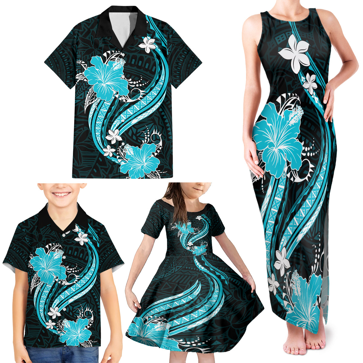 Aqua Polynesian Pattern With Tropical Flowers Family Matching Tank Maxi Dress and Hawaiian Shirt LT05 - Polynesian Pride