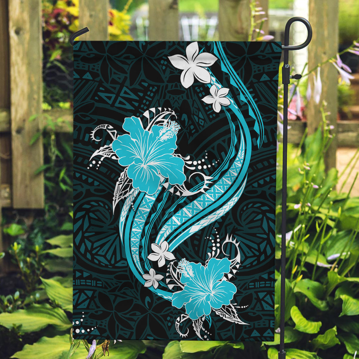 Aqua Polynesian Pattern With Tropical Flowers Garden Flag LT05 Garden Flag Aqua - Polynesian Pride