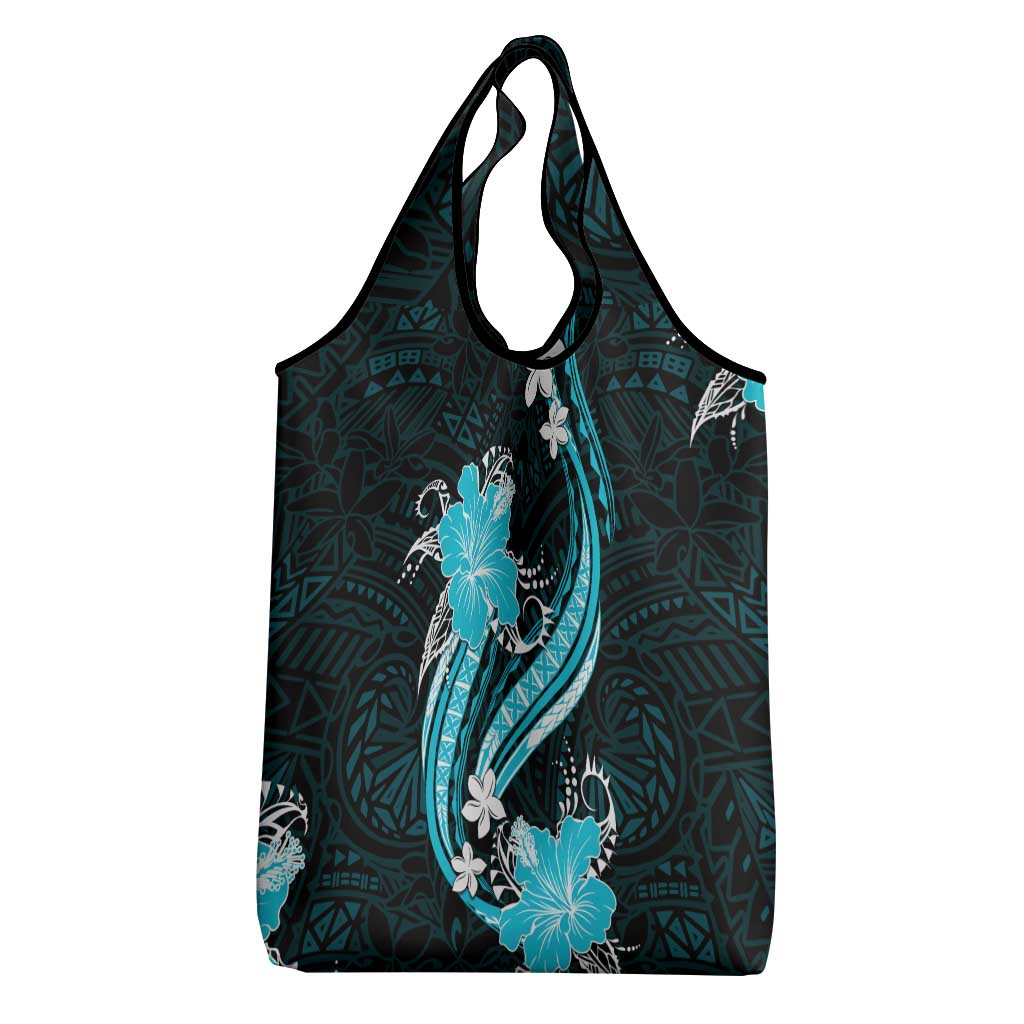 Aqua Polynesian Pattern With Tropical Flowers Grocery Bag