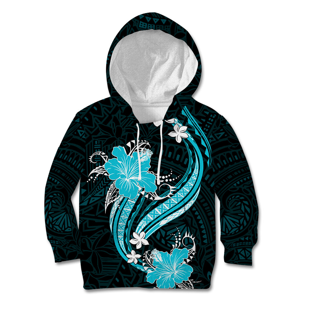 Aqua Polynesian Pattern With Tropical Flowers Kid Hoodie LT05 Aqua - Polynesian Pride