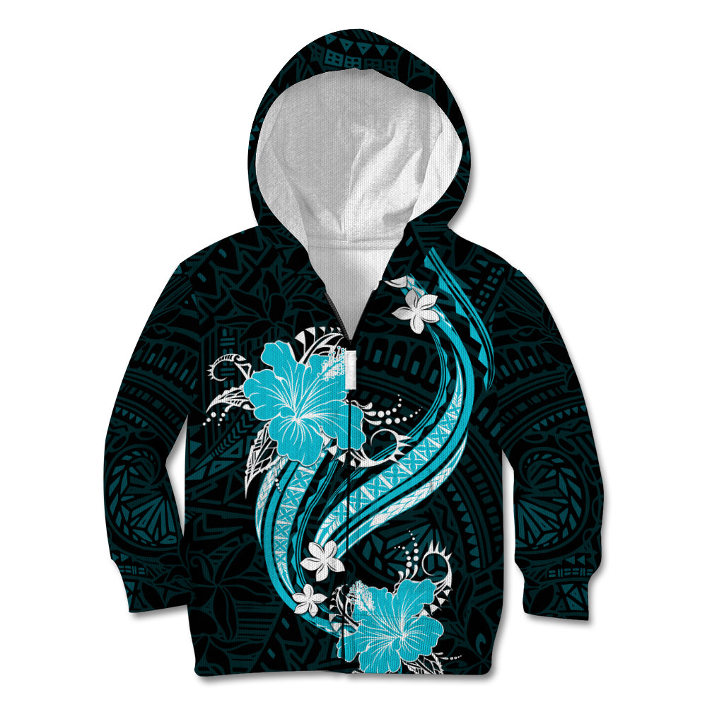 Aqua Polynesian Pattern With Tropical Flowers Kid Hoodie LT05 - Polynesian Pride