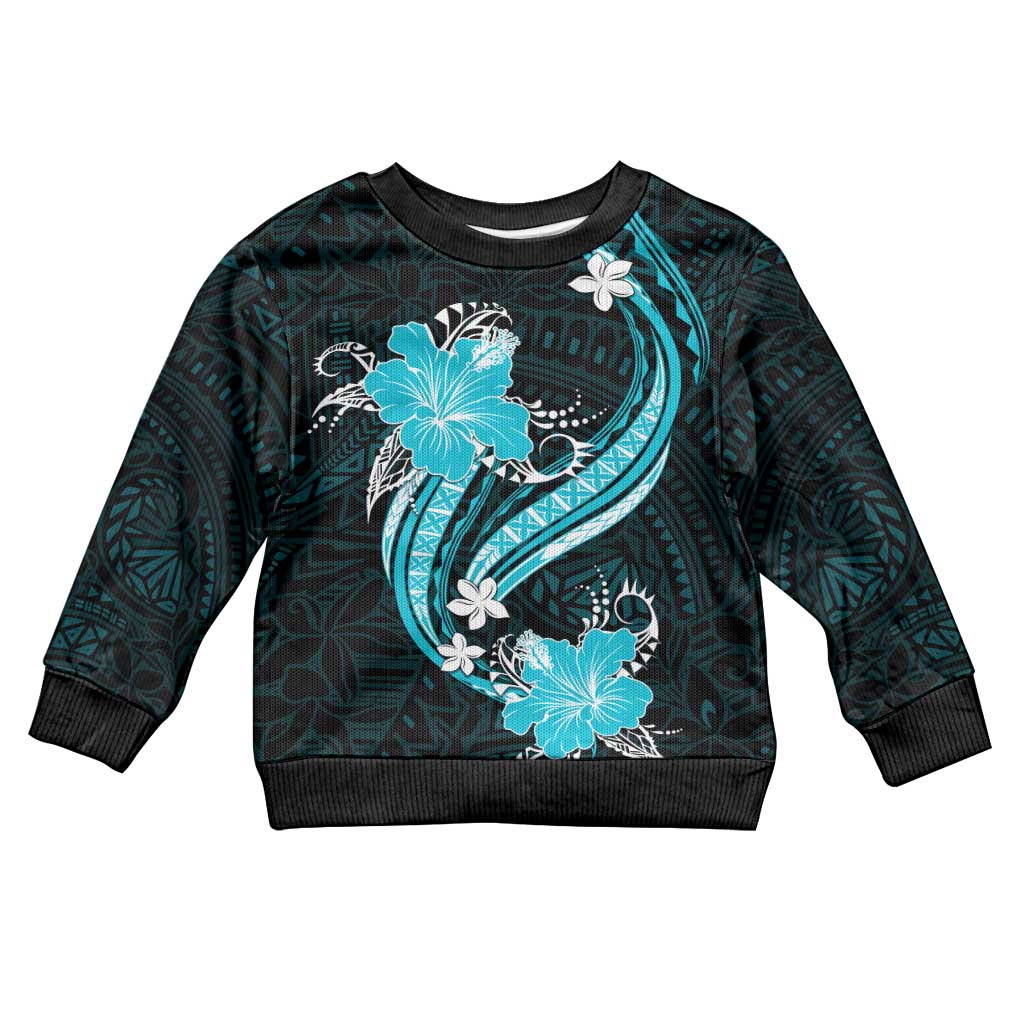 Aqua Polynesian Pattern With Tropical Flowers Kid Ugly Christmas Sweater