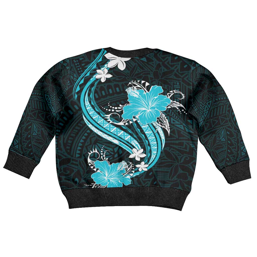 Aqua Polynesian Pattern With Tropical Flowers Kid Ugly Christmas Sweater