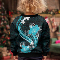 Aqua Polynesian Pattern With Tropical Flowers Kid Ugly Christmas Sweater
