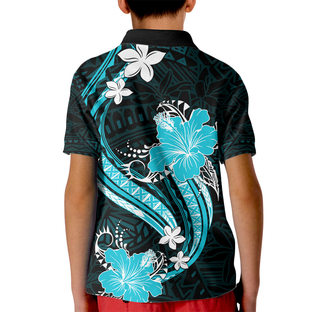 Aqua Polynesian Pattern With Tropical Flowers Kid Polo Shirt LT05 - Polynesian Pride