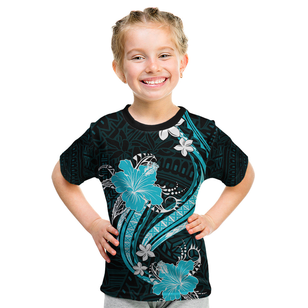 Aqua Polynesian Pattern With Tropical Flowers Kid T Shirt LT05 Aqua - Polynesian Pride