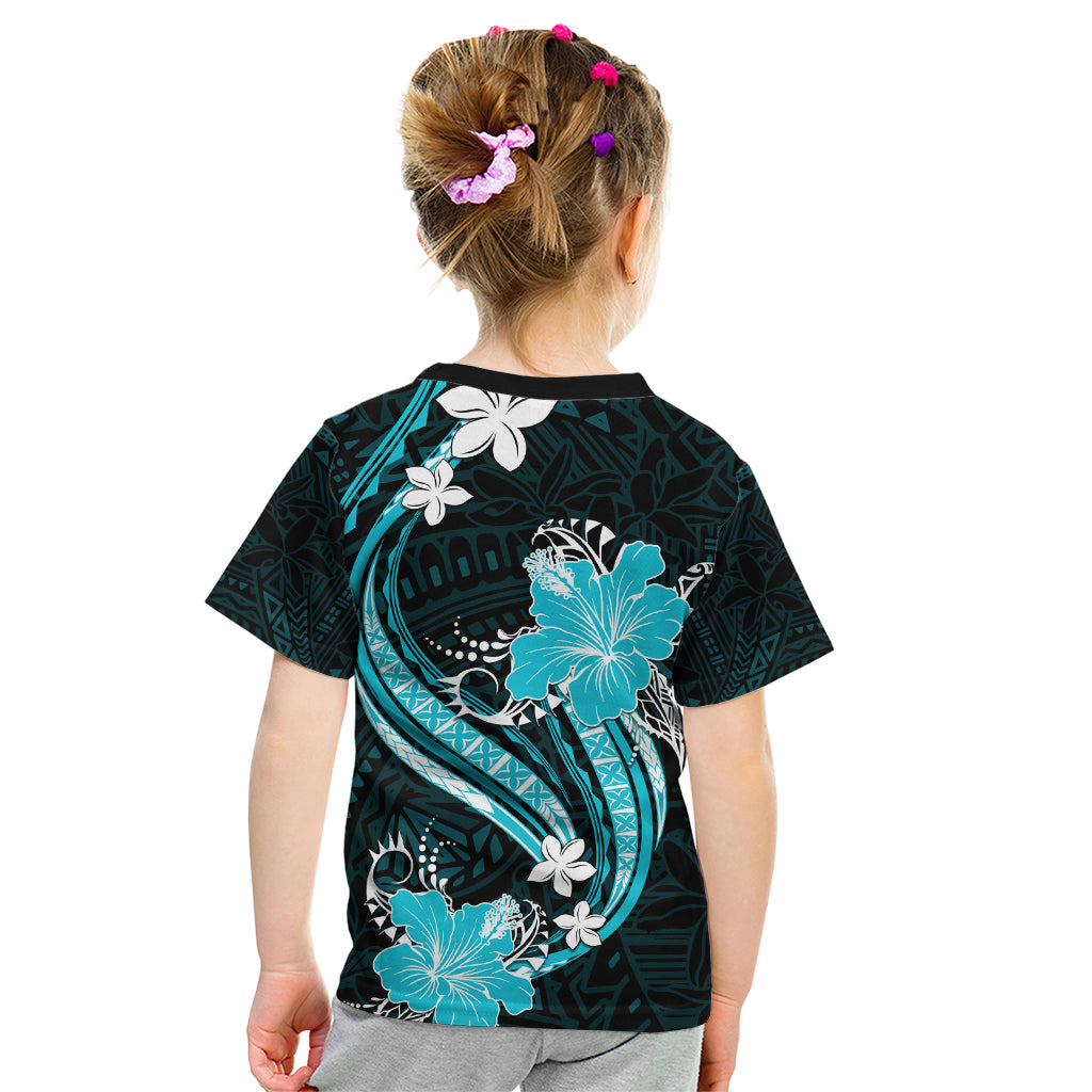 Aqua Polynesian Pattern With Tropical Flowers Kid T Shirt LT05 - Polynesian Pride