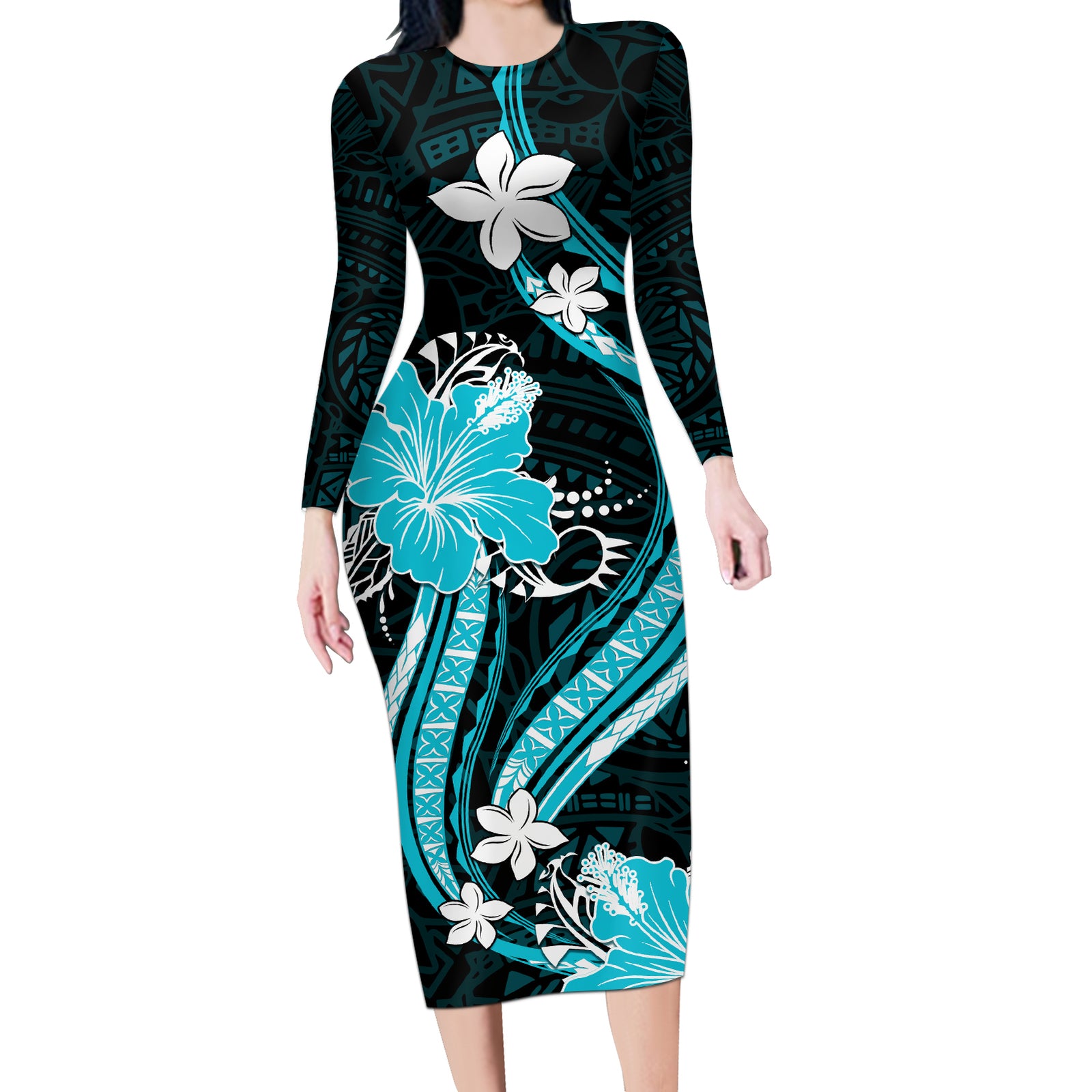 Aqua Polynesian Pattern With Tropical Flowers Long Sleeve Bodycon Dress LT05 Long Dress Aqua - Polynesian Pride