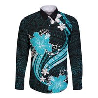 Aqua Polynesian Pattern With Tropical Flowers Long Sleeve Button Shirt LT05 Unisex Aqua - Polynesian Pride