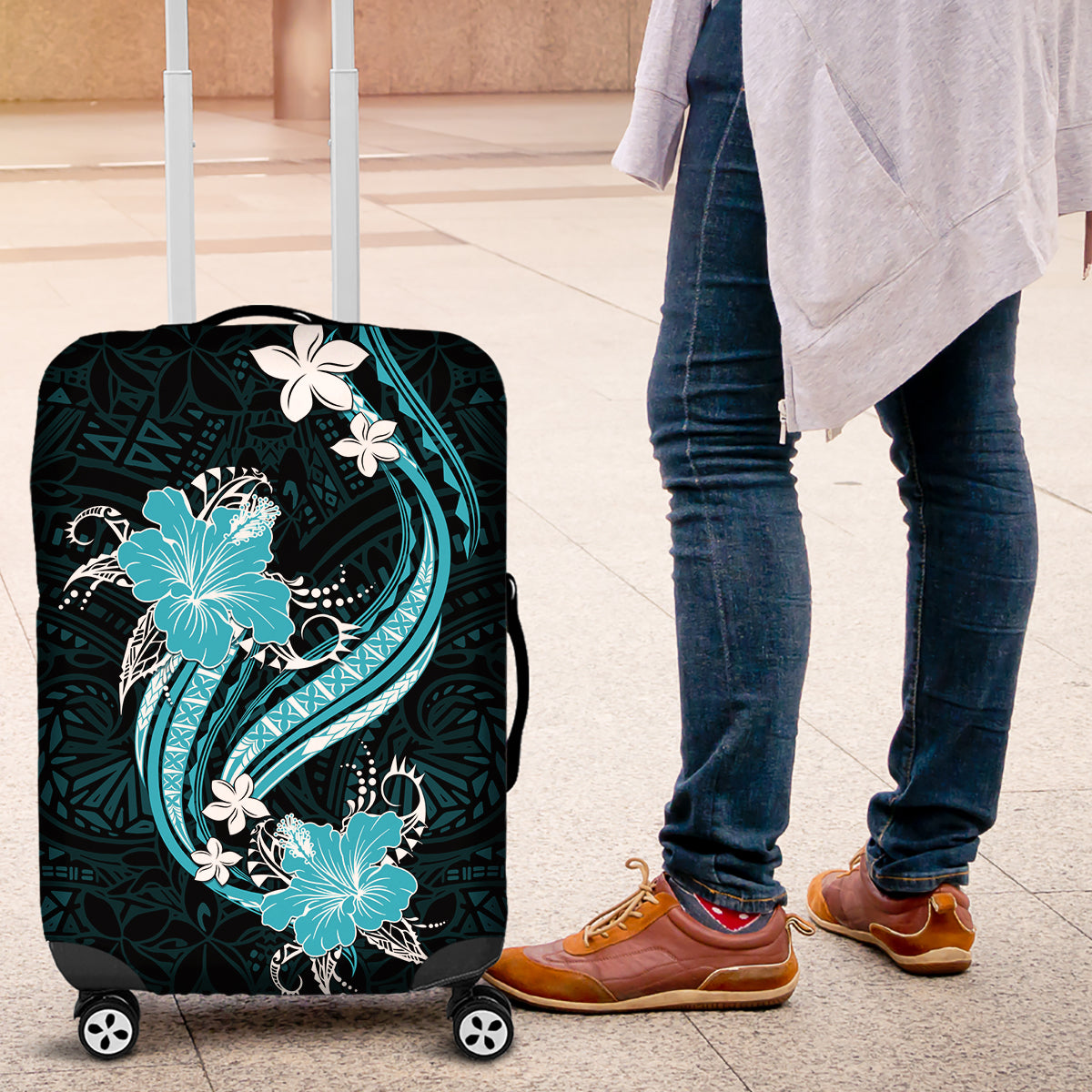 Aqua Polynesian Pattern With Tropical Flowers Luggage Cover LT05 Aqua - Polynesian Pride