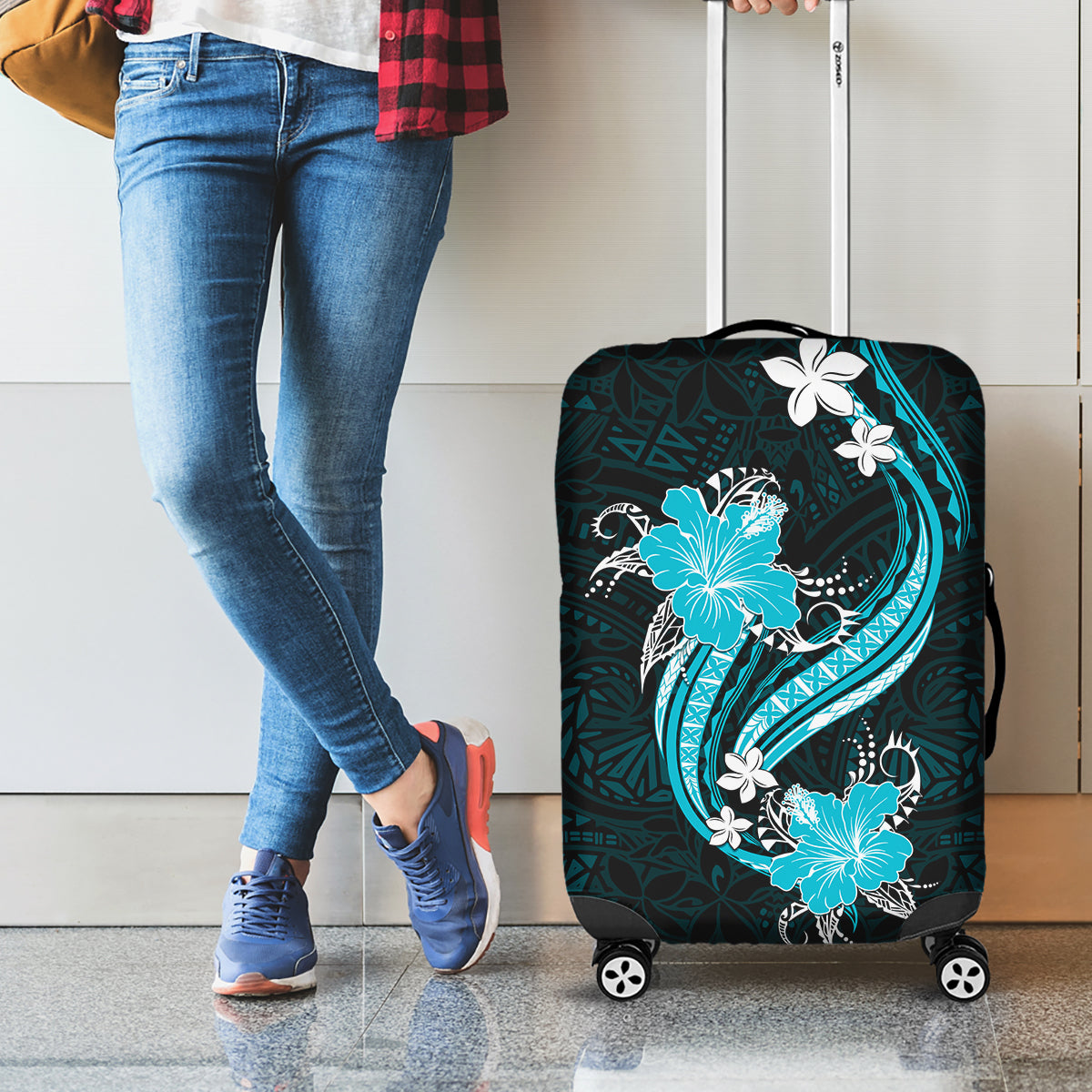 Aqua Polynesian Pattern With Tropical Flowers Luggage Cover LT05 - Polynesian Pride