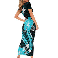 Aqua Polynesian Pattern With Tropical Flowers Short Sleeve Bodycon Dress LT05 - Polynesian Pride