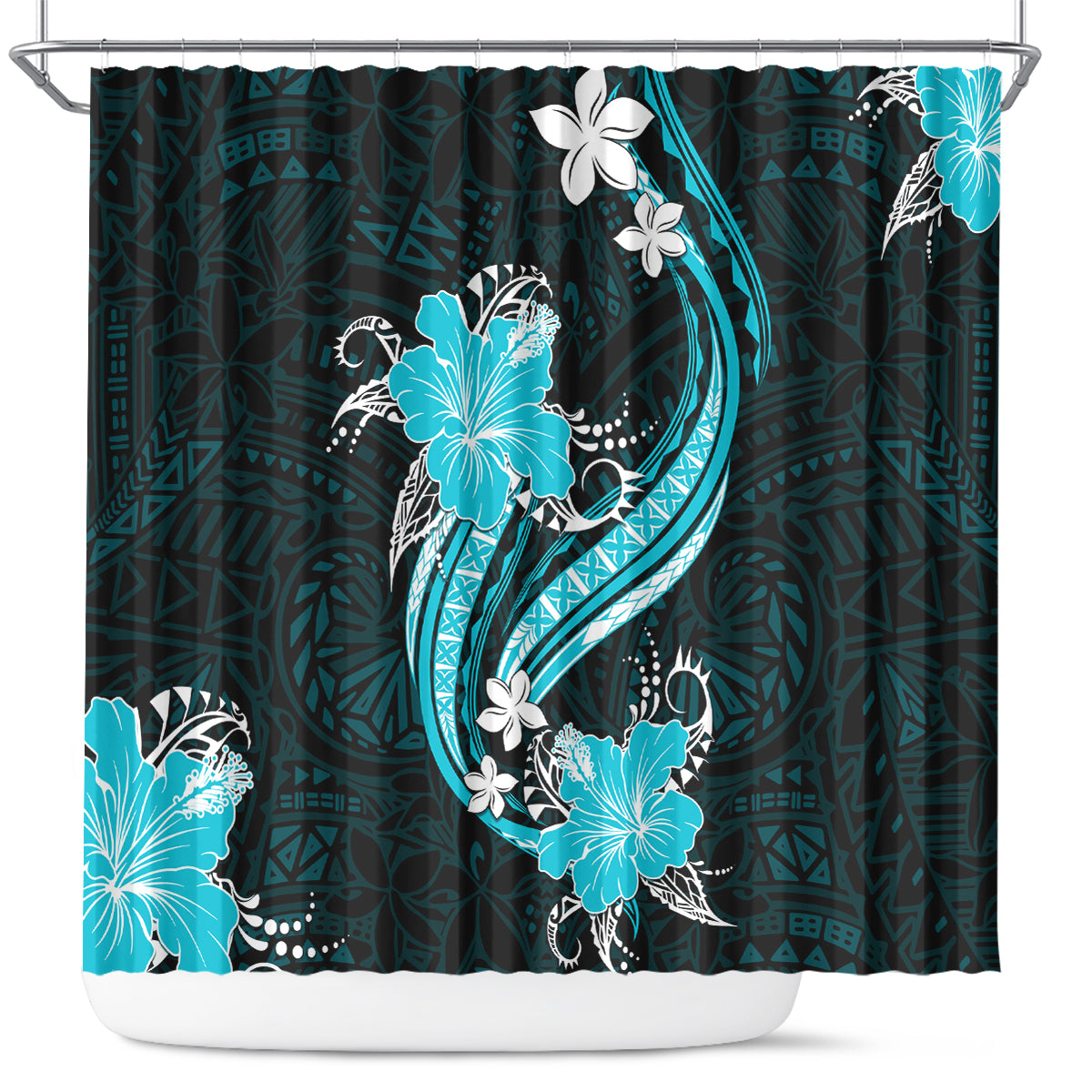 Aqua Polynesian Pattern With Tropical Flowers Shower Curtain LT05 Aqua - Polynesian Pride