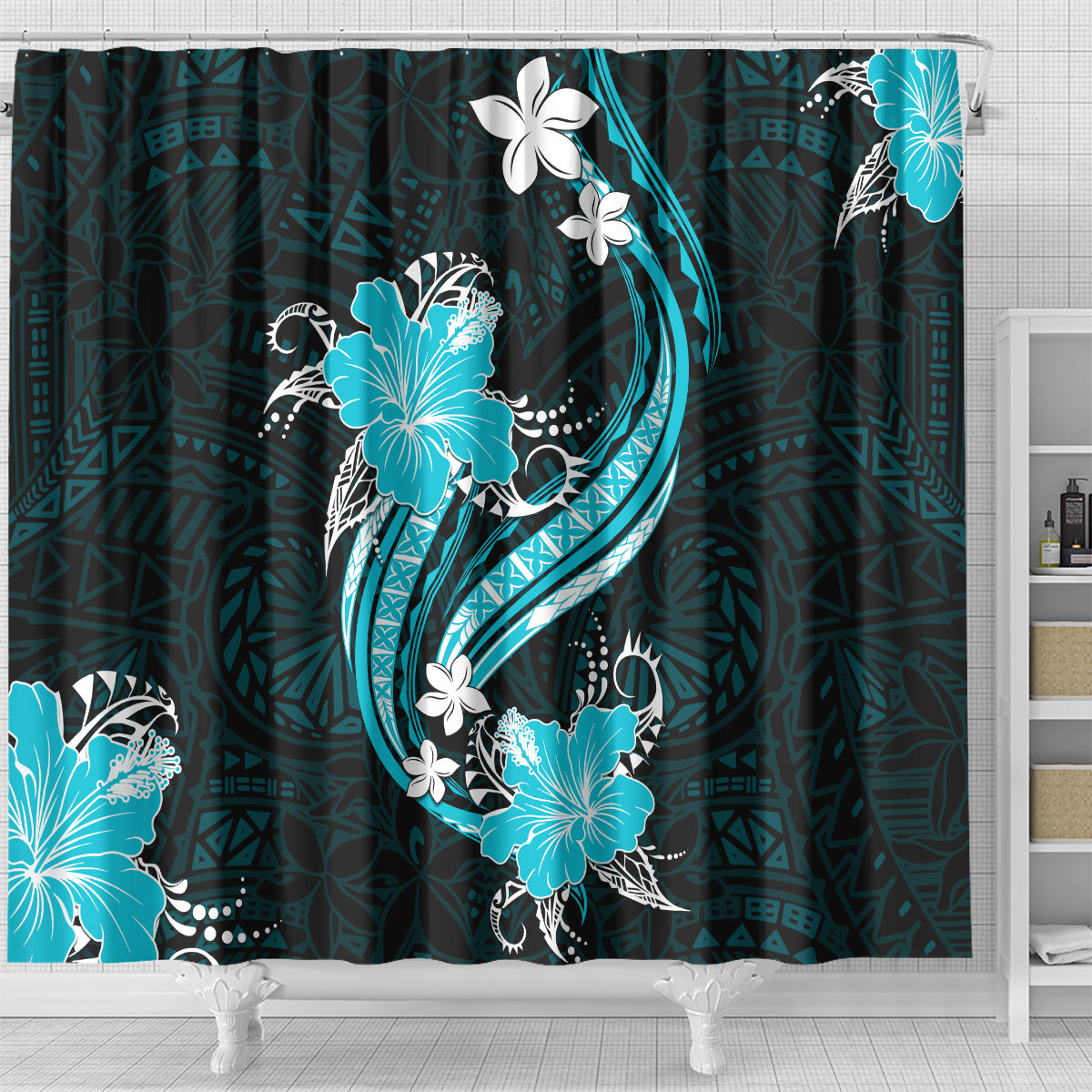 Aqua Polynesian Pattern With Tropical Flowers Shower Curtain LT05 - Polynesian Pride