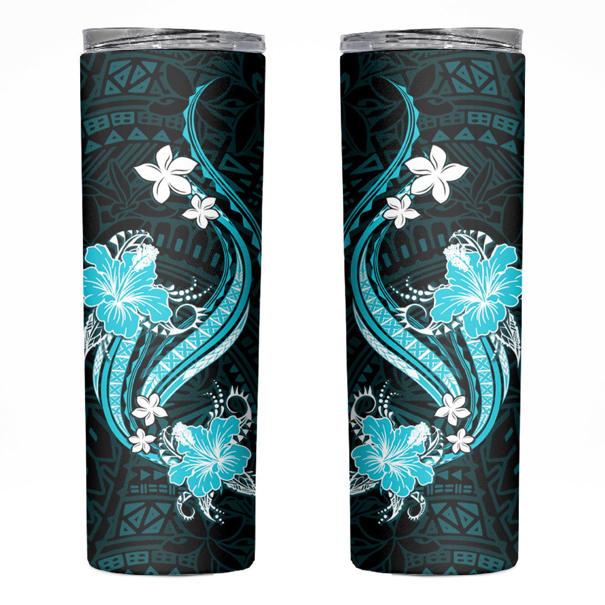 Aqua Polynesian Pattern With Tropical Flowers Skinny Tumbler