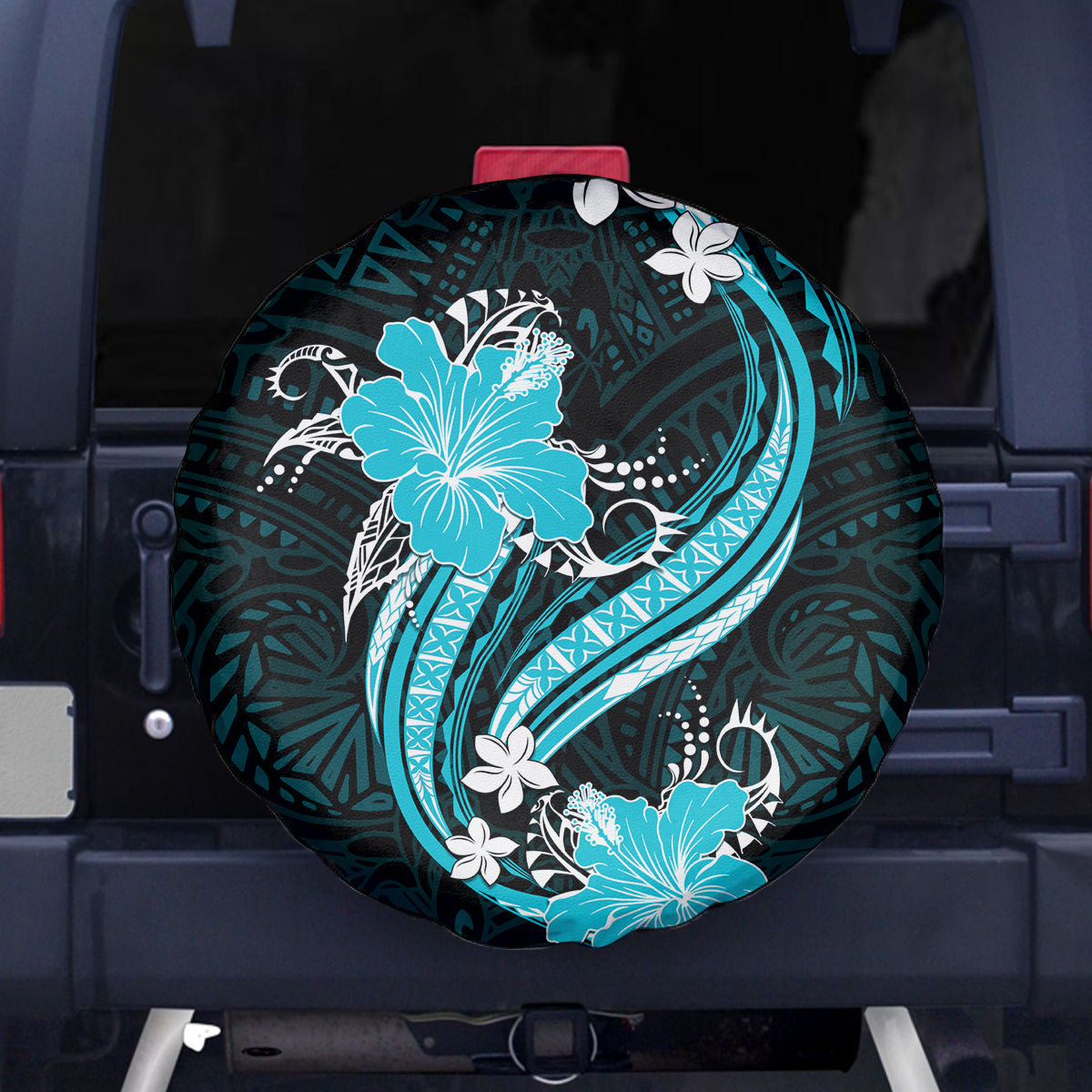 Aqua Polynesian Pattern With Tropical Flowers Spare Tire Cover LT05 Aqua - Polynesian Pride