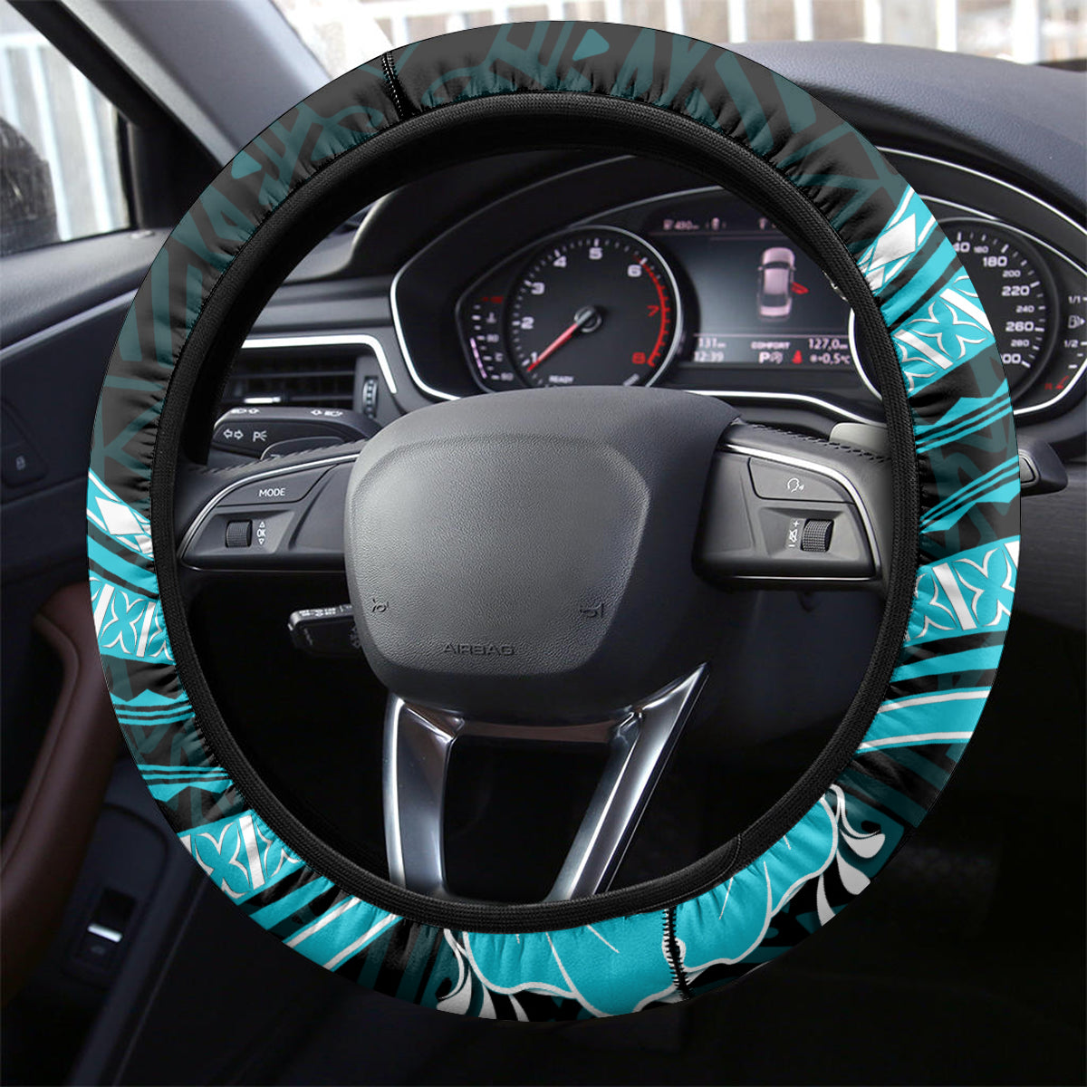 Aqua Polynesian Pattern With Tropical Flowers Steering Wheel Cover LT05 - Polynesian Pride