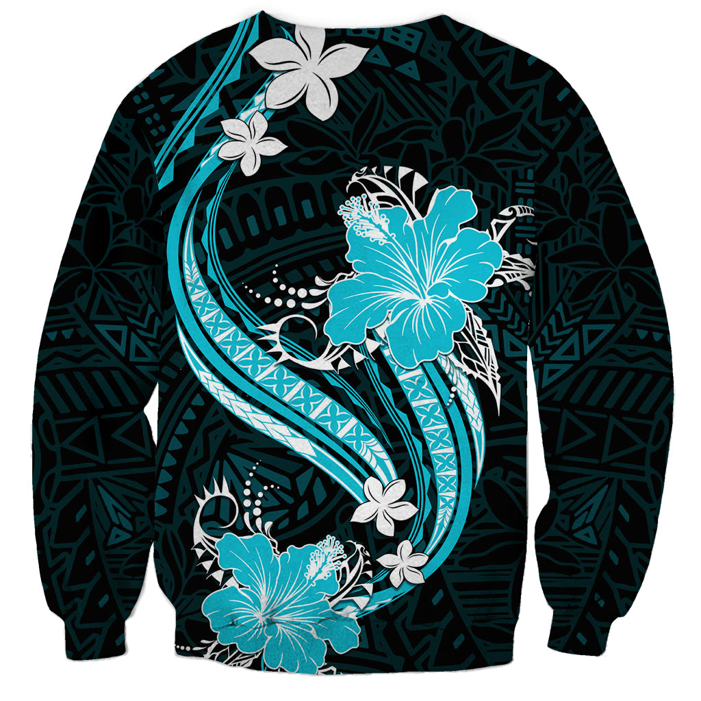 Aqua Polynesian Pattern With Tropical Flowers Sweatshirt LT05 - Polynesian Pride